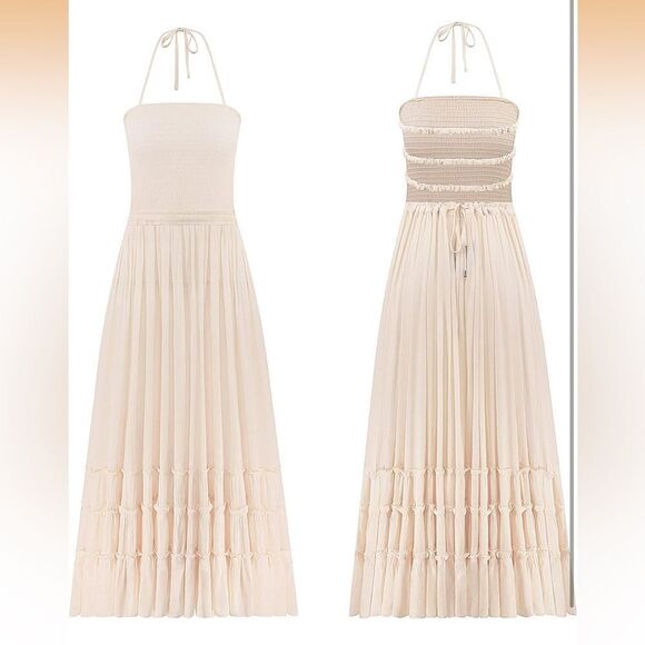 Dresses & Skirts - Vivimos Boho Cream backless Halter Maxi Dress Size Small